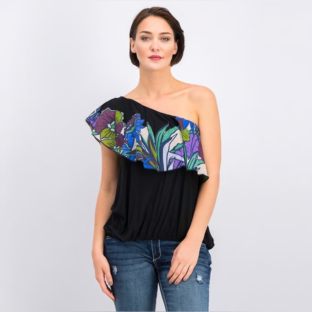 NEW Free People Annka Black One Shoulder Floral Top Bubble XS